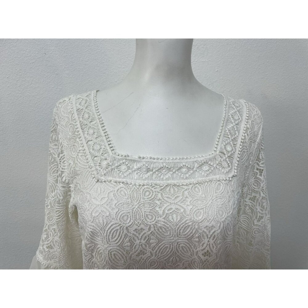 White House Black Market Lined White Lace Top Chiffon Ruffle Sleeves Sze S - Picture 4 of 16